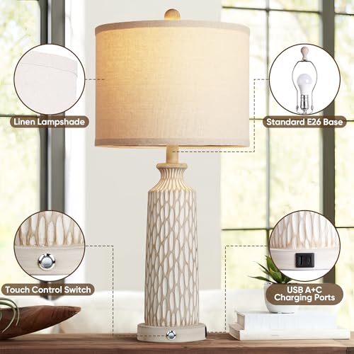 Farmhouse 26-Inch Set of 2 Off-White Lamps with USB Charging, Touch Dimmable