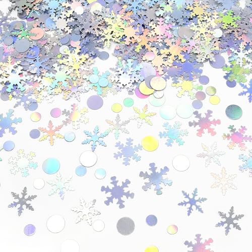 Quacc Laser Silver Snowflakes Confetti Lovely Winter Wedding Confetti Xmas Table Decorations Circles Party Confetti Sequins for Frozen Themed Birthday Party, Gender Reveal (30g, About 900pcs)