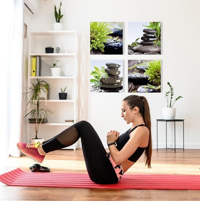 Zen Bathroom Decor Meditation Canvas Wall Art, Water Stone and Green Plants Pictures for Yoga Spa and Office Calming, Relaxing Wall Art for Office Bedroom Living Room (16x16in, 4 Panels)