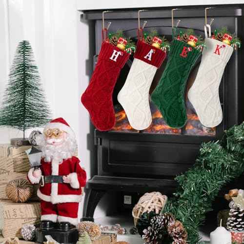 Christmas Stockings with Initials, Letter A Embroidered Xmas Stockings, 18" Large Monogram Knitted Xmas Stocking, Christmas Party Fireplace Family Hanging Stocking Decorations(1 Pack, Red)