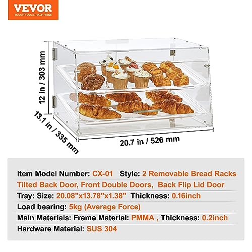 Pastry Display Case 2-Tier Acrylic Bakery Showcase with Removable Shelves & Double Door - 20.7x13.2x11.9 Inches - 2 Tray Variation