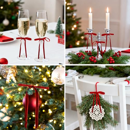 KINGLAKE 24 Pcs Red Velvet Bows 3/8'' for Christmas Tree — 5 x 7'' Velvet Decorations
