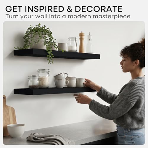 Modern Black Floating Shelves Set of 2 - 12 Inch Solid Pine Wall Storage