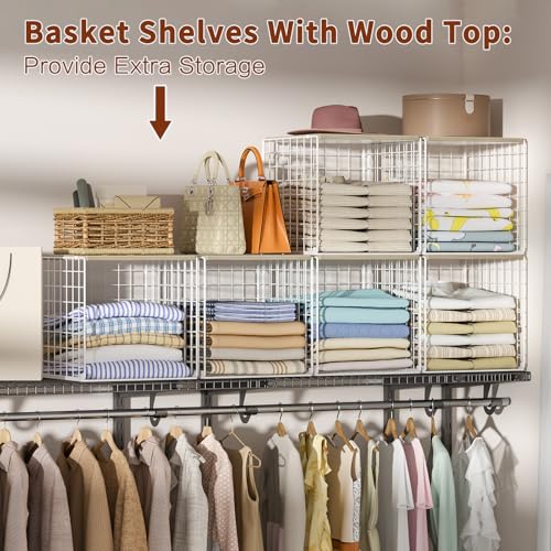 Hencawima White 6-Pack Stackable Closet Organizer Cubes with Wood Tops