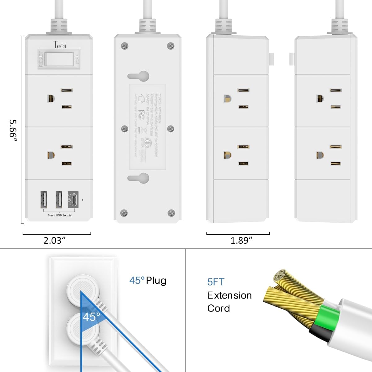 Tcstei 5Ft Outlet Extender Power Strip - Flat Plug with 6 Outlets & 3 USB Ports (1 USB-C) | Wall Mount Design for Home & Dorm Essentials, White