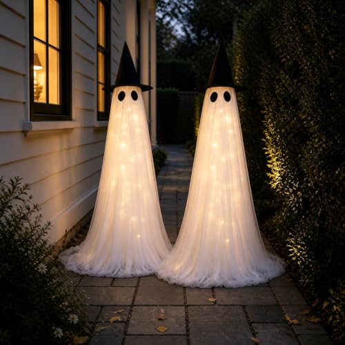 CheerBloom 2 Pack 5 Ft Large Light Up Ghost Decorations - Halloween Outdoor Decor, USB & Battery Powered, Remote Control, 8 Lighting Modes (Variant: 2PK-LARGE-LED-GHOST)