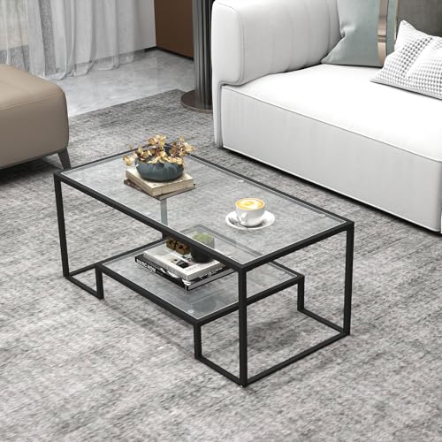 42.5 x 19.5 Inch Rectangular Glass Coffee Table - Black, Modern Home Accent
