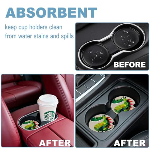 Ceramic Car Cup Holder Coasters Set of 2, 2.56 in Green Dinosaur