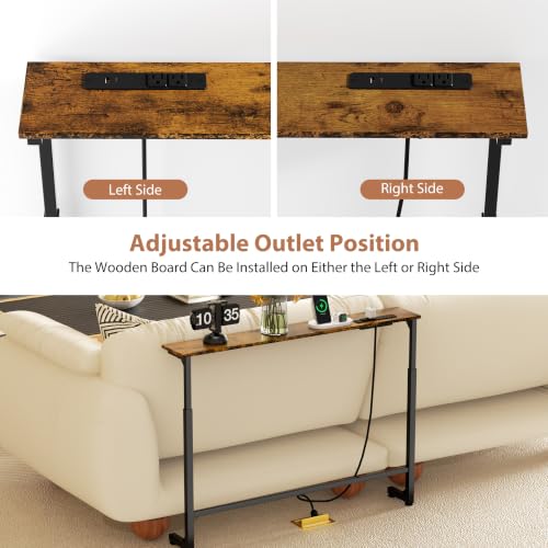 GRLEAF Rustic Brown 78-Inch Adjustable Console Table with Power Outlets – Narrow Sofa & Entryway Table