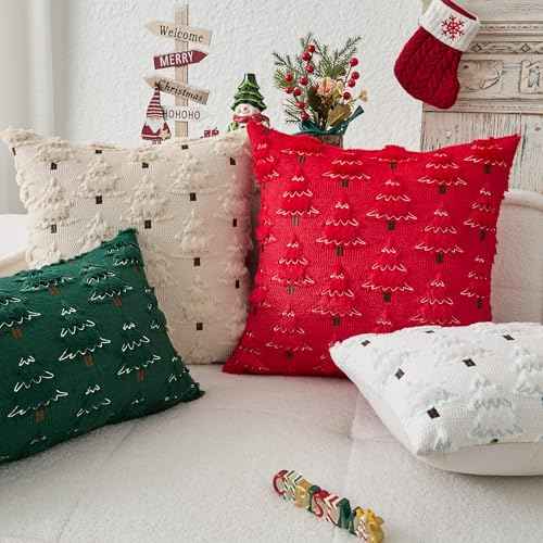 Kevin Textile Christmas Tree Pillow Covers 18x18 Inch Set of 2 Soft Plush Faux Fur with White Snow Embroidery Decoration Pillowcases for Couch Sofa Holiday Festivals Winter Xmas Gift, Dark Green