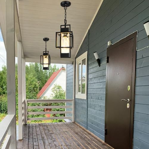 15-Inch Outdoor Motion Sensor Pendant Light with Water Glass - Black Metal Fixture for Porch & Entryway