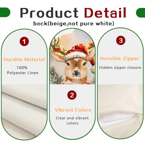 White 20x20 Inch Christmas Reindeer Pillow Cover - Farmhouse Holiday Decor
