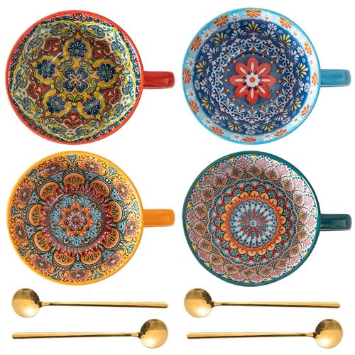 Noevany Boho 4-Piece Ceramic Coffee Mug Set with Spoons - Blue, Green, Red, Orange, 15 oz/450ml, Dishwasher & Microwave Safe