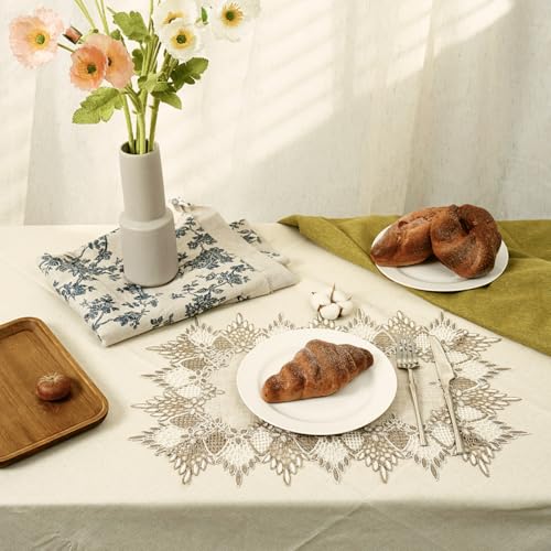 Natural Linen Placemats Set of 2 – Beige Lace Embroidered Table Mats, 13x20 Inch, Elegant Dining Decor