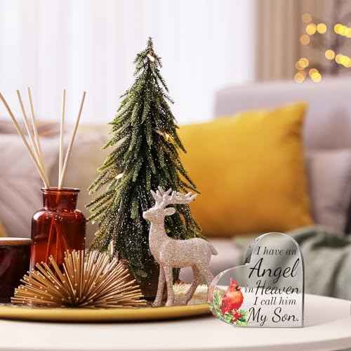 Karenhi 4 Inch Red Cardinal Christmas Gifts Memorial Bereavement Gift for Loss of Loved One Sympathy Decorations Loss of Mom Dad Son Husband in Heaven Glass Table Remembrance(4 Inch,Son)