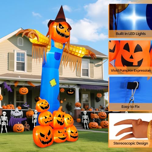 Halloween Inflatable Pumpkin Scarecrow with Music & Lights - 12.5ft Outdoor Decor - Variation: Scarecrow