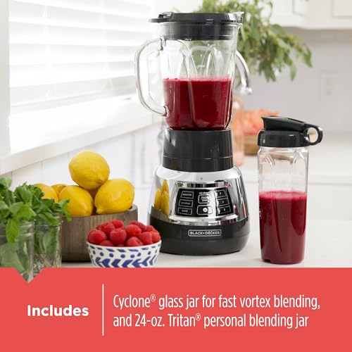 Black+Decker Quiet Blender Medium - 6-Cup Cyclone Glass Jar, 900W, 3 Speeds & Personal Jar