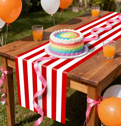 Red Striped Disposable Table Runner - Pack of 12, 14x108 Inch for Party & Wedding