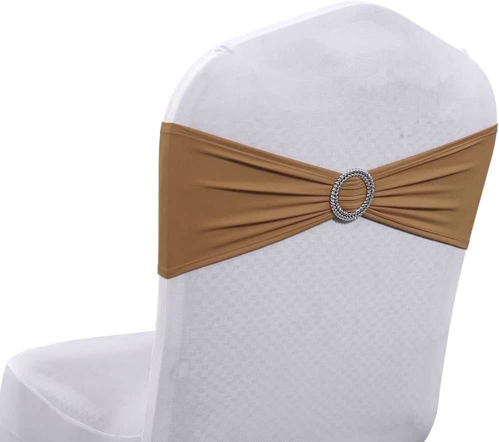 MDS Spandex Chair Sashes - Pack of 200 Elastic Stretch Bows with Buckle Slider for Wedding Decor | Mocha