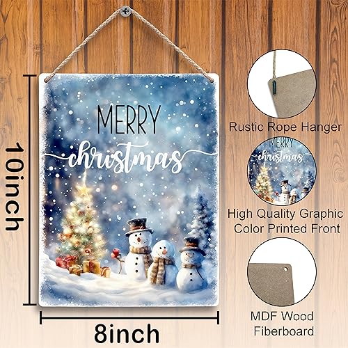 FUGWN Merry Christmas Blue Winter Snowman Xmas Hanging Wooden Signs 8x10, Merry Christmas Sign, Christmas Wall Decor, Christmas Hanging Sign, Wood Christmas Sign, Blue Christmas Decor