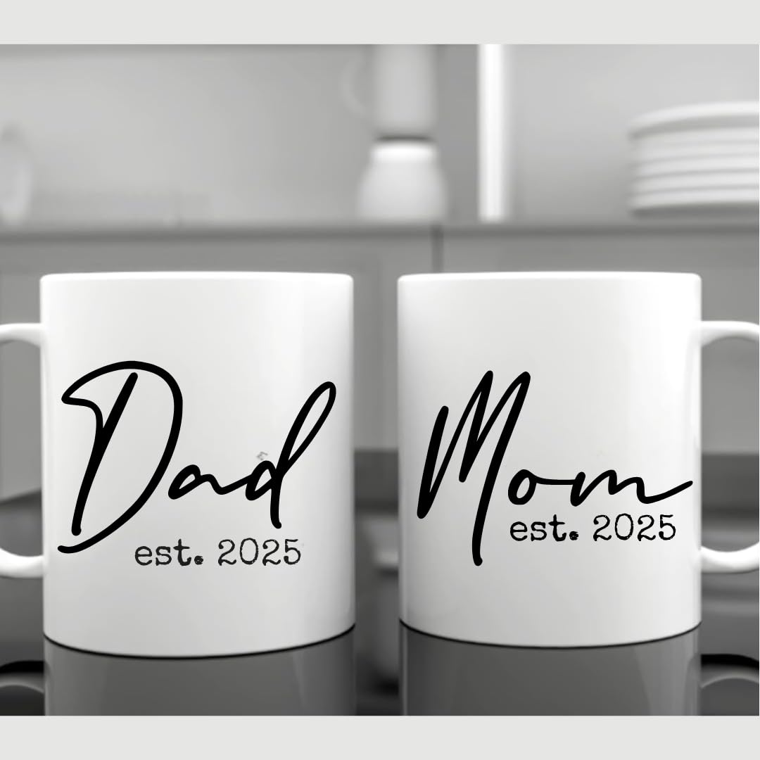 Pregnancy Gift Est 2025 -New Parents Gifts-Mommy and Daddy Est 2025 11 oz Mug Set - Romper (0-3M)-Top Mom and Dad Gift Set for New and Expecting Parents to Be New Mom Gifts for Women (Grey Bib 25)