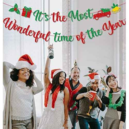 Red Green Glitter It's The Most Wonderful Time of The Year Banner with Holly Berry Xmas Tree Bells Christmas Holiday Party Banner Merry Christmas Holly Jolly Winter Party Mantle Decorations