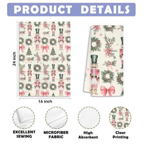 Christmas Nutcracker Kitchen Towels - Pink Bow Wreath, 16 x 24 in (Variation: Christmas Nutcracker)