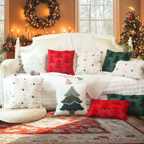GEEORY Christmas Pillow Covers 12x20 Inch Set of 2 - Red Brown Faux Fur Tree Decor