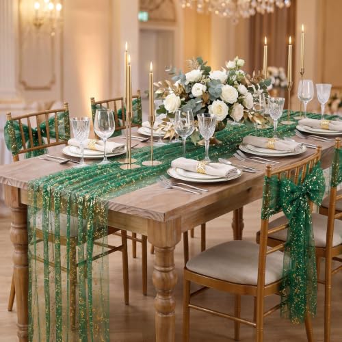 Emerald Green Metallic Foil Gauze Table Cloth 57x120 Inch Rectangular Decor