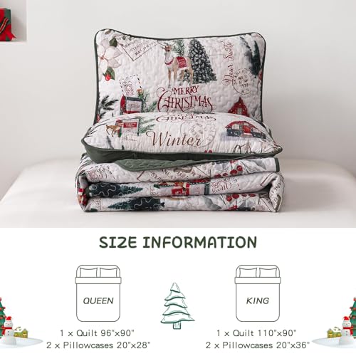 King Size Christmas Quilt Set White by Dobuyly — 110 x 90 Quilt + 2 Sham Shams, Xmas Tree Reindeer Decor