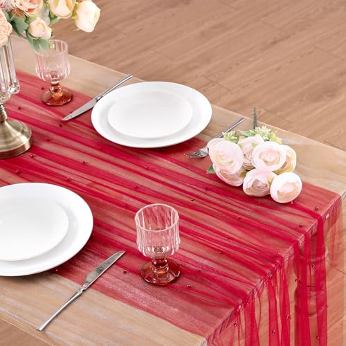 Red Tulle Table Runner Pearl Fabric Christmas Veil Dessert Chiffon