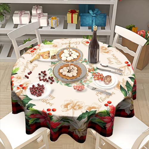 Giwawa 60-Inch Christmas Buffalo Check Plaid Round Tablecloth with Poinsettia Print