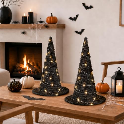 2Pcs Halloween Rattan Witch Hat Table Decor with String Lights - Party Centerpieces