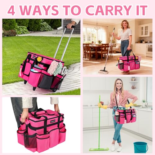 Large Rolling Cleaning Caddy Bag with Wheels & Detachable Trolley - Water Resistant Organizer for Housekeeping, Car, Kitchen, Picnic - Rose-Red
