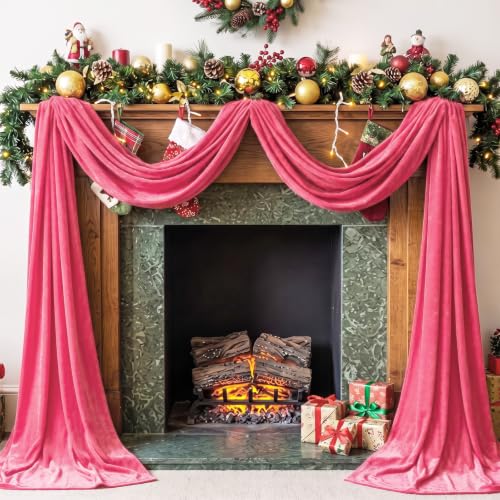 Pink Velvet Christmas Mantel Garland 16.4 ft with Ties & Pins (Brand: Teyva Daily) - Extra-Long Winter Decor