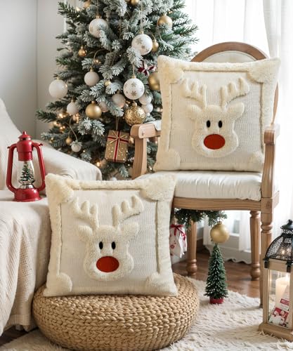 SEGXCFL Faux Fur Christmas Pillow Covers 18x18 Set of 2 with Reindeer Pattern – 18in Throw Pillow Covers