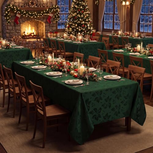 Romanstile Christmas Jacquard Rectangle Tablecloth 60 x 144 Inch Dark Green Flower - Holiday Decor