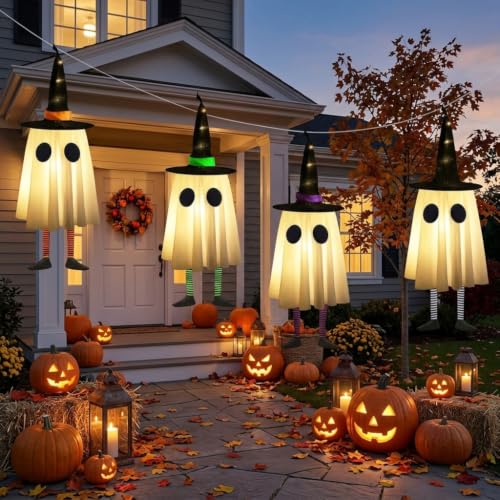 Halloween Ghost & Witch Hat Outdoor Decor - Glowing Spooky Lights Set