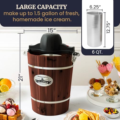 Elite Gourmet 6 Qt Old Fashioned Walnut Wood Bucket Ice Cream Maker