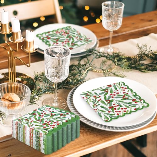 100Pcs Christmas Holly Berry Cocktail Napkins - Disposable Holiday Party Decor