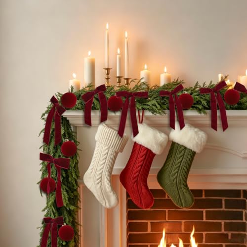Hanmere 24 PCS Burgundy Velvet Christmas Ornaments with Bows - 12 Balls + 12 Bows (Variation: Burgundy1)