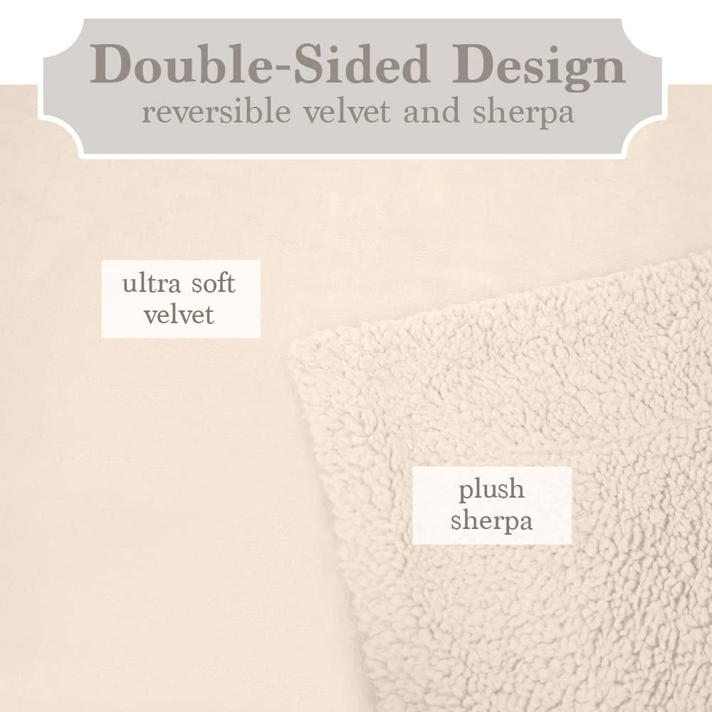 The Connecticut Home Co Bedding Blanket, Queen 90x90, Soft Plush Velvet and Sherpa, Warm Throws for Bed, Gift for Women, Bedroom Luxury Home Decor Accent Blankets for Couch Sofa Chair, Cream