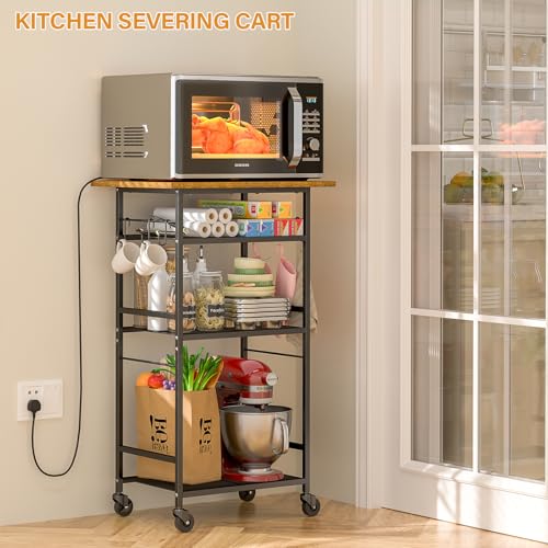 Brown 4-Tier Kitchen Microwave Cart on Wheels with Storage and Hooks