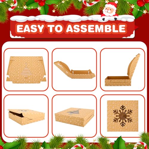 Beavoiing 24 Pack 10x10x2.5 inch Christmas Cookie Boxes with Window - Kraft Gift Boxes