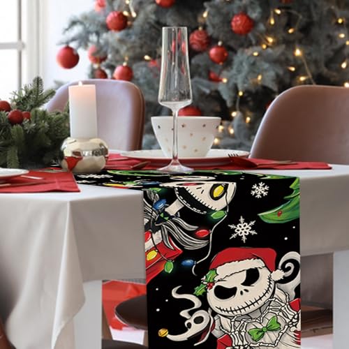 Christmas Jack Table Runner, Xmas Tree Kitchen Dining Table Decoration, Funny Holiday Winter Burlap Indoor Outdoor Home Decor Party Supply 13 x 72 Inches
