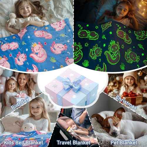 Axolotl Glow in The Dark Throw Blanket - 60"x50" Soft Glowing Kids Blanket for 3-10 Year Old Boys Girls, Gift for Birthday Christmas