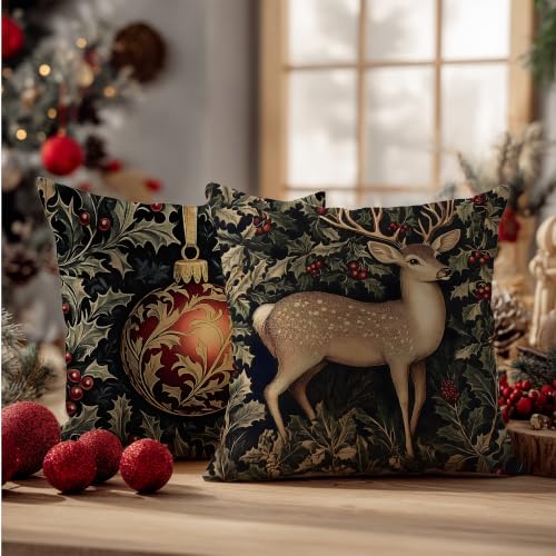 Vintage Christmas Reindeer Squirrel Ball Pillow Covers 18x18 Set of 4