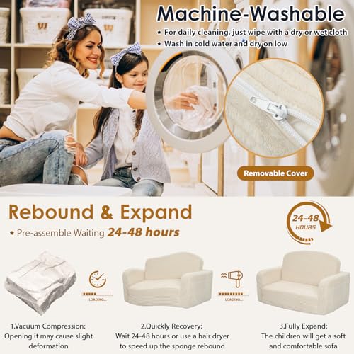 Cream 2-in-1 Convertible Toddler Sofa Chair with Blanket - Foryoomi Kids Couch