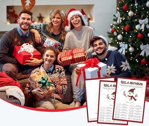 QSLCU Christmas Roll a Snowman Dice Game 02, Festive Family Party Activity, Winter Holiday Gift, 25 Cards