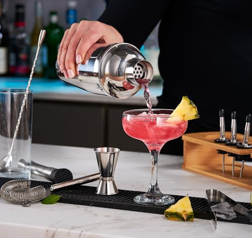 FineDine Stainless Steel Cocktail Shaker Set with Bartender Tools & Wooden Stand